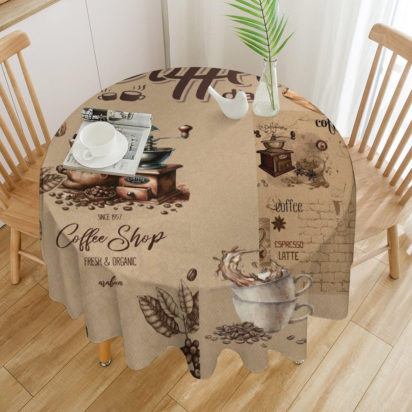 GoDazzling Coffee Modern Kitchen Round Tablecloth, Retro Country Brown Coffee Latte Bean Pattern Print Tablecloth for Home Party Dining Room Kitchen Decor 36Inch(90cm)
