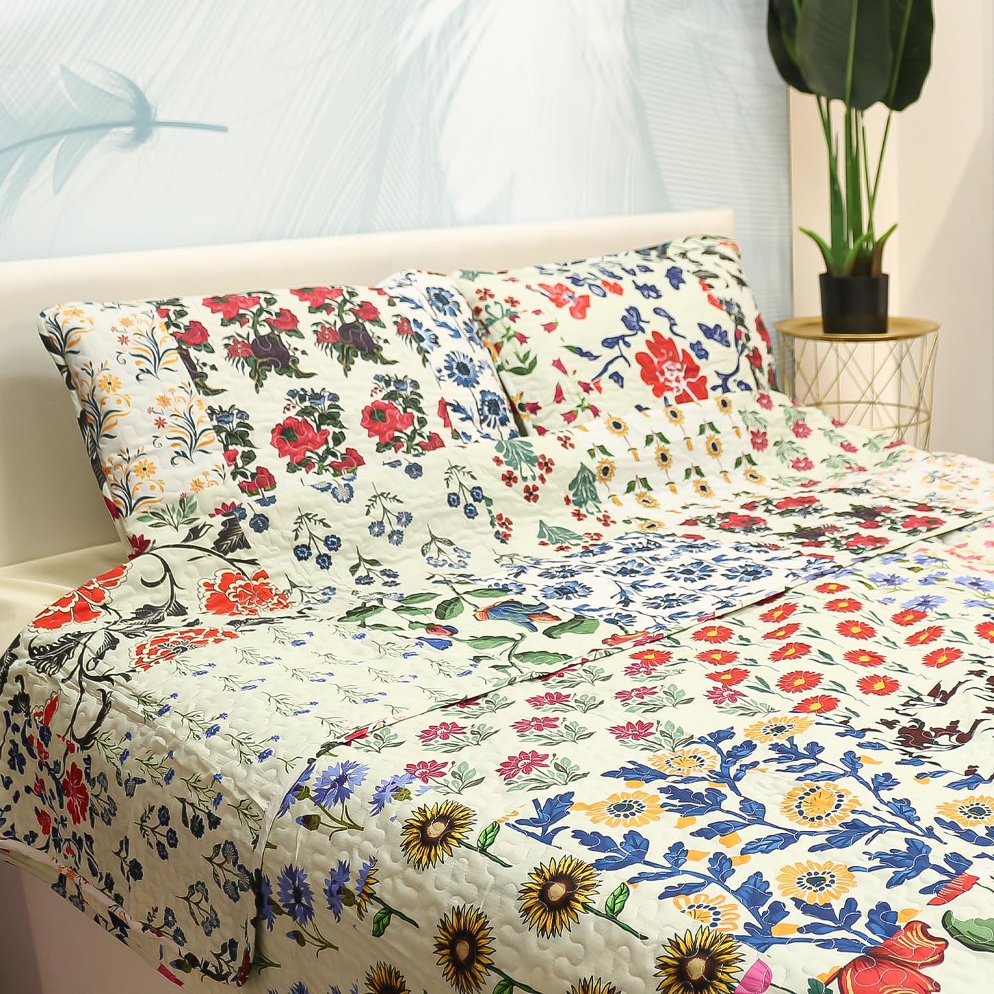 Benlarky Patchwork Quilt Set Queen Size 3 Pieces Set Quilts Block Print Bohemian Bedspread Coverlet Set for All Season Reversible Boho Bed Cover Bedding Set 1 Quilt and 2 Pillow Shams, 96" x 92"