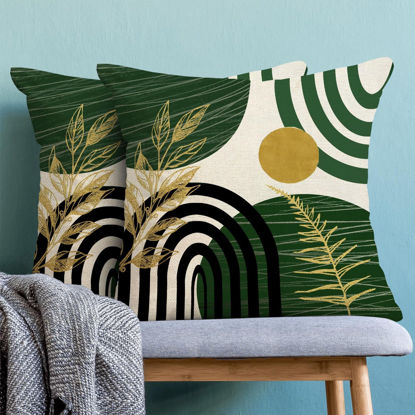 Boho Pillow Covers 18x18 Set Of Mid Century Green And Gold Leaf Art Line Throw Pillow Covers Outdoor Abstract Modern Bohemian Decor Farmhouse Linen Decorative Cushion Cover for Home Sofa Couch