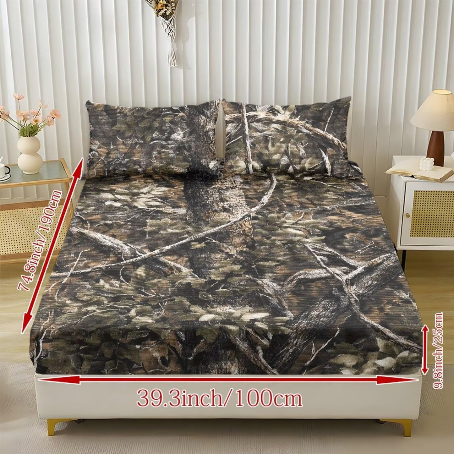 ZDCUSTOM XL Size 3 Piece Sheet Set Stay in Place Fade Stain Resistant Cooling Bed Sheets with All Around Elastic Cozy Bedsheet & Pillowcases for Bedroom Decor Hunting Camo, 39" x 79"