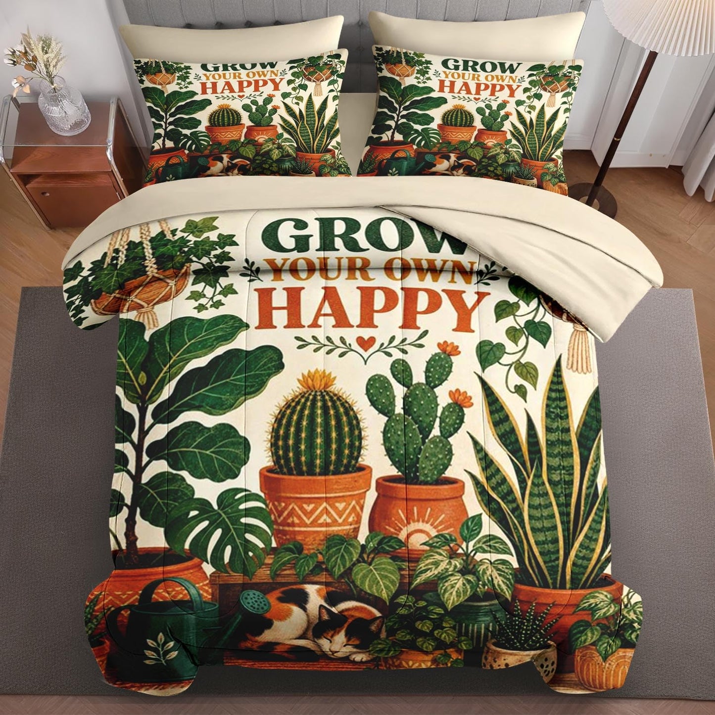 Boewywh Comforter Set Twin Size Plant Cat Retro 7 Pcs, Bedding for Kids and Adults, Bed Sheet Sets with Fitted Sheet 2 Pillowcases & 2 Shams for Bedroom Bed Decor
