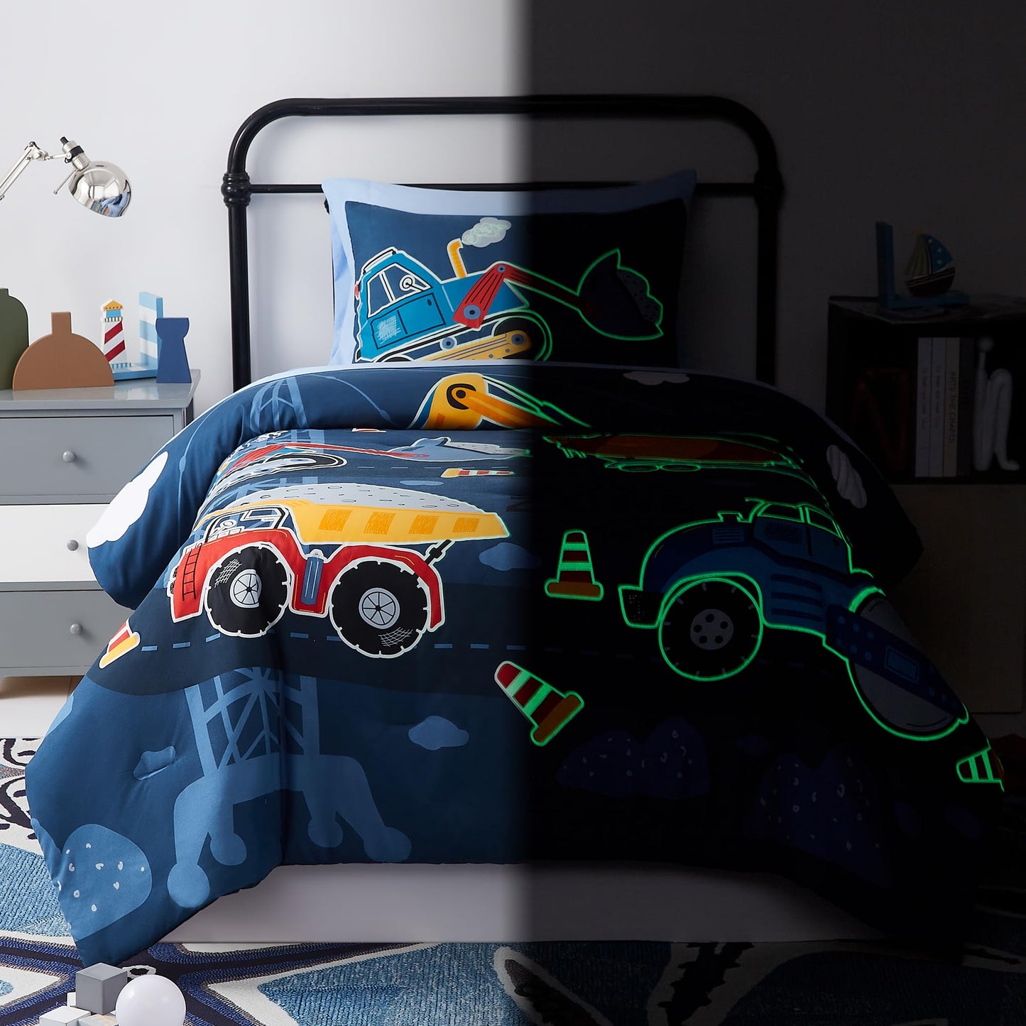 Kaleido Space Twin Kids Comforter Set - 5 Pieces Twin Bedding Sets for Boys Teen, Glow in The Dark Truck Tractor Excavator Bed in A Bag with Sheets