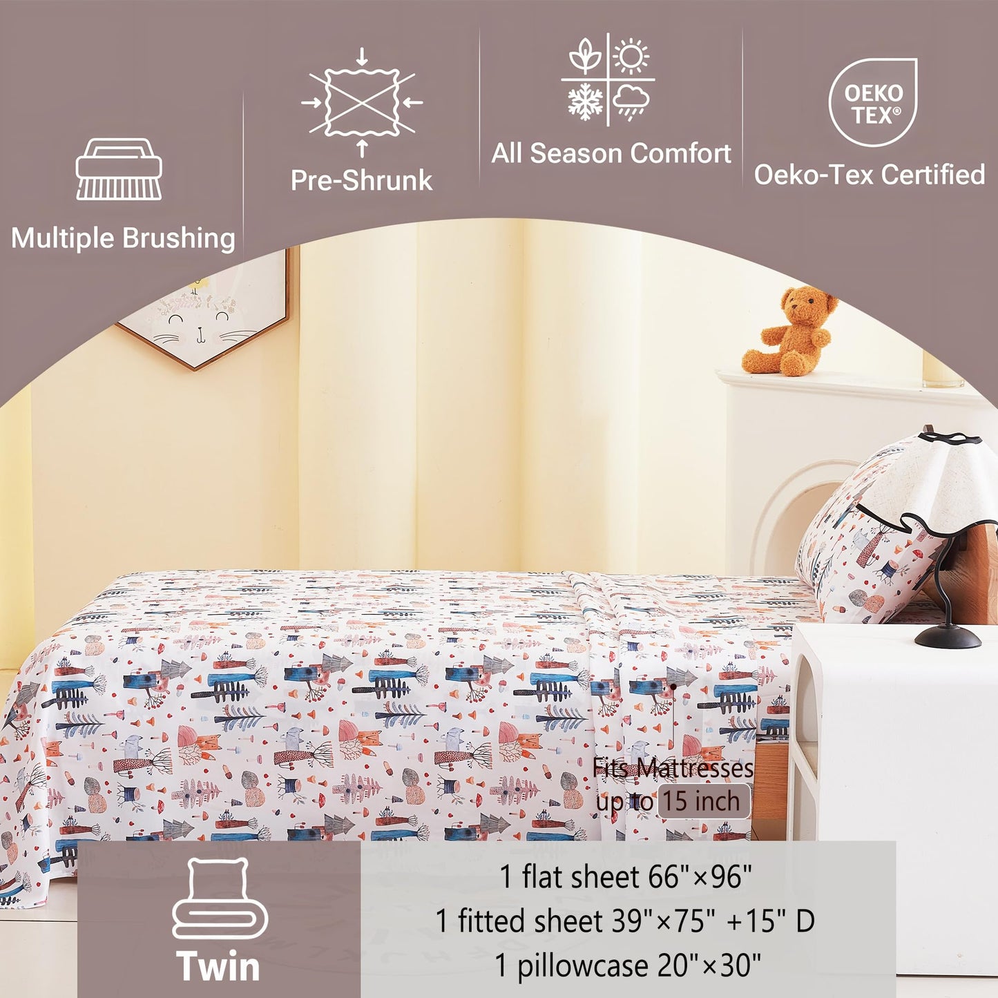 Softan Kids Bed Sheet Set, 3-Piece Twin Sheets Set, Microfiber Fitted Sheet with 15 Inches Deep Pocket and Corner Straps, Breathable & Silky Soft Watercolor Fox Bear Pattern Sheet and Pillowcase Sets
