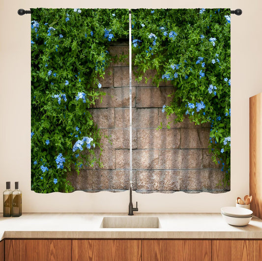 Stone Brick Wall Blackout Curtain,Retro Rocks Stone Wall Green Leaves Nature Scenery Rod Pocket Drapes Treatments Window Curtains for Kitchen Living Room Office Cafe Decor 21"W x 45"L (Pack of 2)