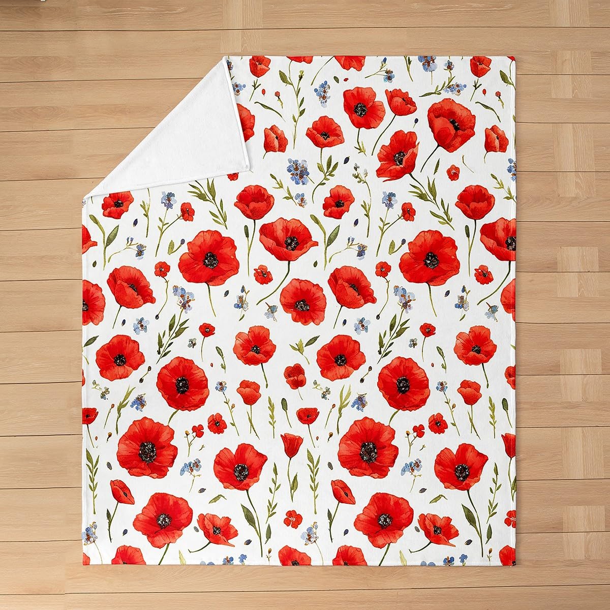 Feelyou Red Poppy Fuzzy Blanket Throw 50"x60" Floral Flower Blossom Printed Flannel Fleece Throw Blanket Botanical Branches All Season Bed Blanket Spring Garden Plush Blanket