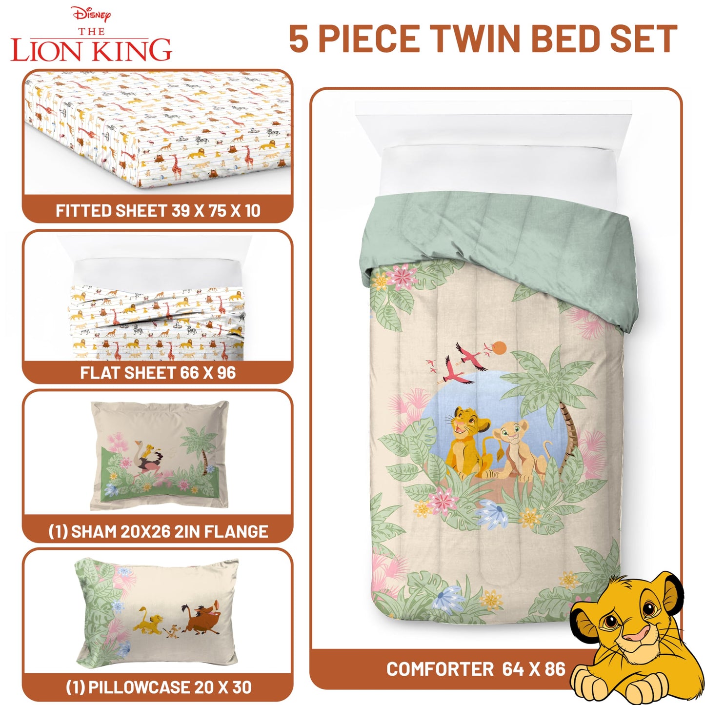Jay Franco Kids Bed Set, Multi, Lion King, 5 Piece Twin