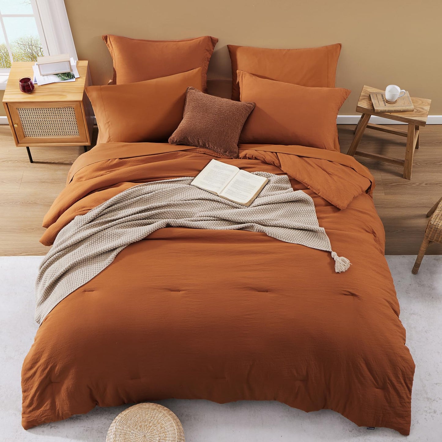 WRENSONGE Queen Comforter Set- 7 Pieces Soft Burnt Orange Bed in a Bag with Fitted Sheet, Flat Sheet, 2 Shams, and 2 Pillowcases-Warm Bed Sets Fall Comforter for All Seasons