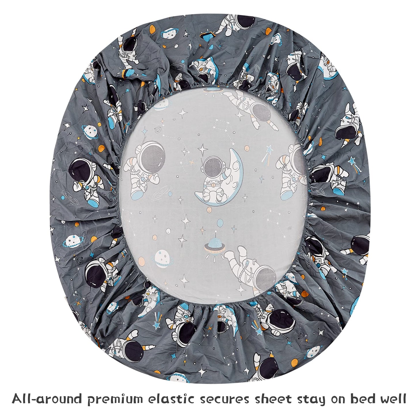 JSD Grey Astronaut Kids Sheet Set Twin Size, 3 Piece Boys Space Adventure Printed Microfiber Sheets Deep Pocket
