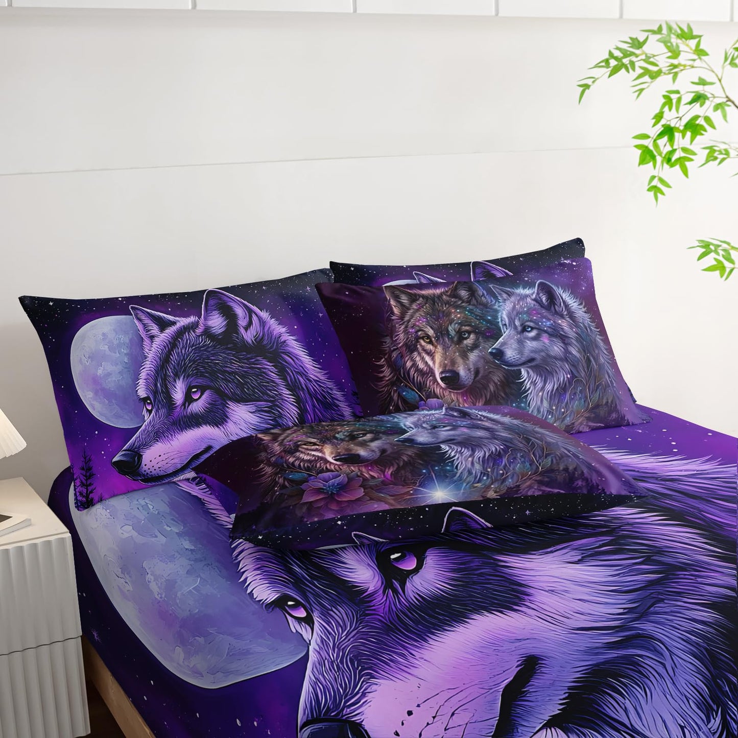 AILONEN Galaxy Wolf Comforter Set Twin Size,7-Piece Soft Bed in a Bag, Purple Starry Wolf Comforter & Fitted Sheet & Flat Sheet & 2 Pillowcases,2 Pillow Shams
