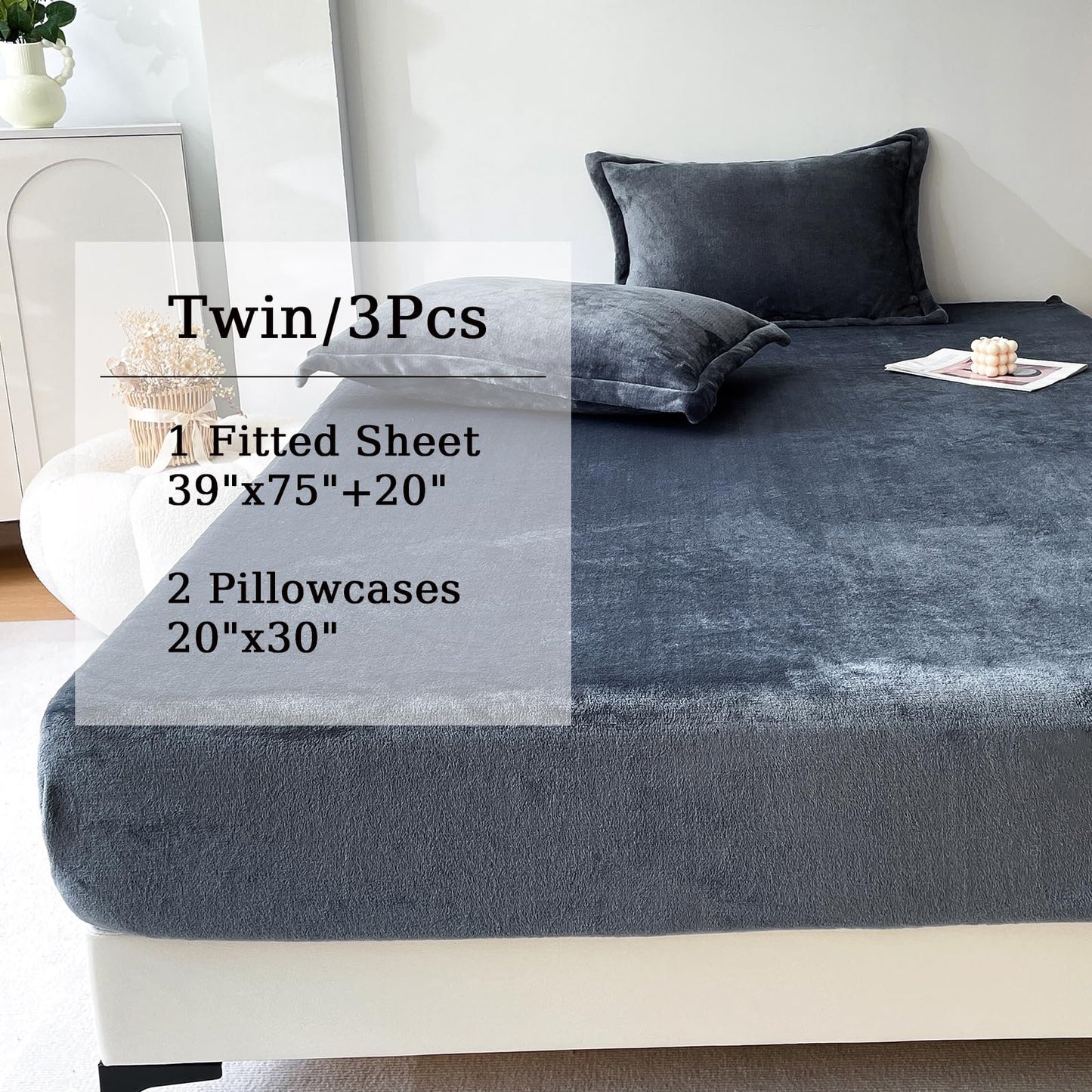 MorroMorn Luxury Plush Fleece Fitted Sheet Sets with 20" Deep Pocket for Thick Mattresses 360° Snug Fit Non-Slip, Ultra Soft 3-Piece Bedding Set Cozy Warm for Cold Sleepers (Dark Grey, Twin)