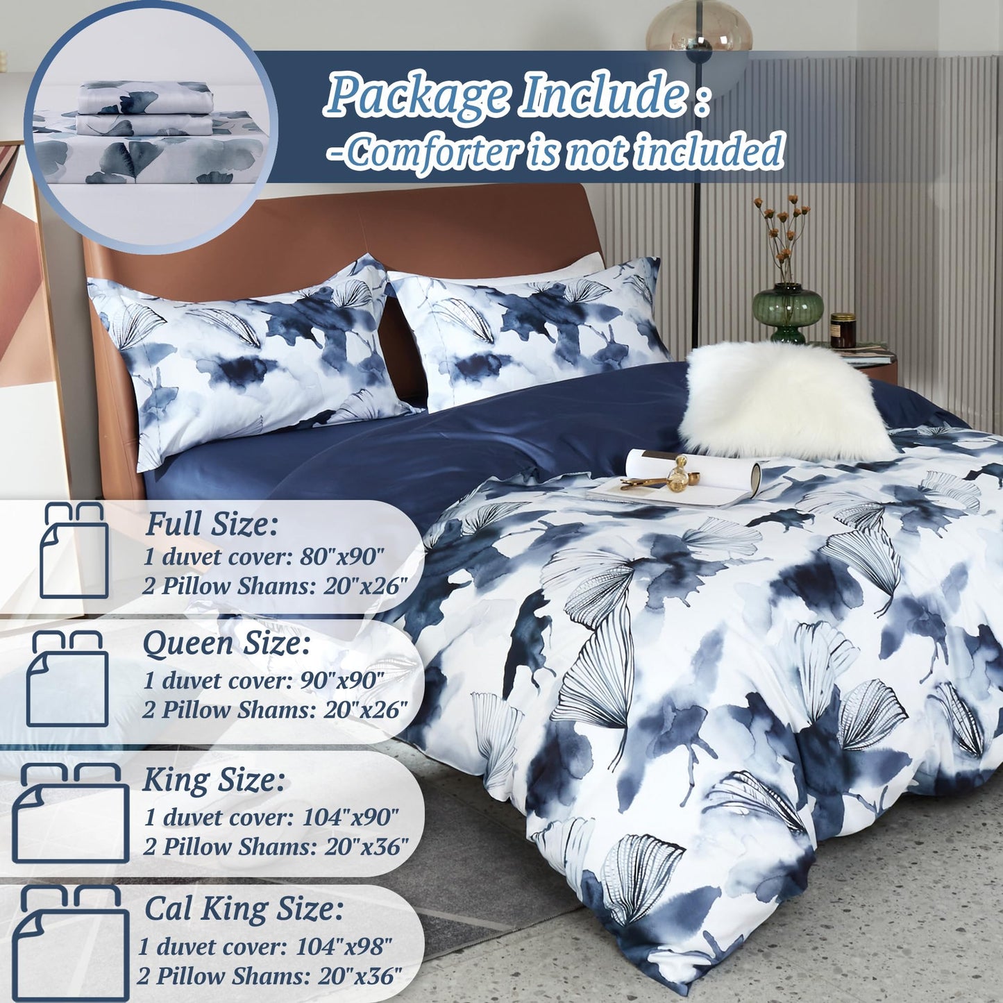 MILDLY 100% Long Staple Cotton Duvet Cover Set Dark Blue Ginkgo Leaf Watercolor Comforter Cover Set