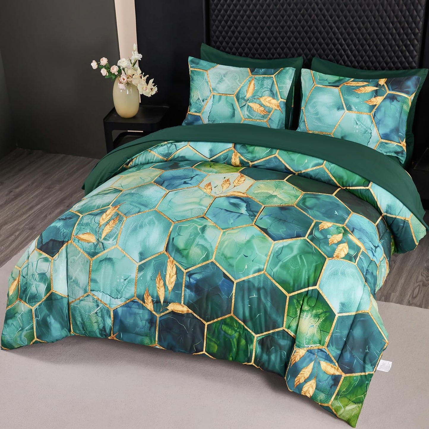ANGIYUIN 7Pcs Teal Green Marble Comforter Set Full Watercolor Gold Bedding Set Geometric Honeycomb Printed Bed Sets Luxury Gold Leaves Bed in A Bag for Women Men(Full Teal Green)