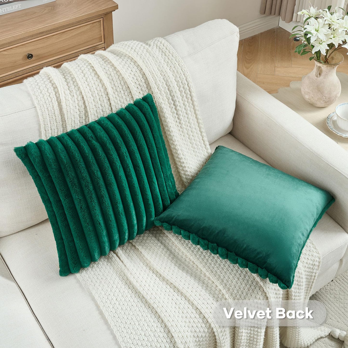 FUTEI Pack of 2 Fluffy Faux Fur Throw Pillow Covers 18x18 Inch Elegant Striped Textured Decorative Cushion Cases Modern Accent Pillow for Couch Bed Living Room, Emerald Green