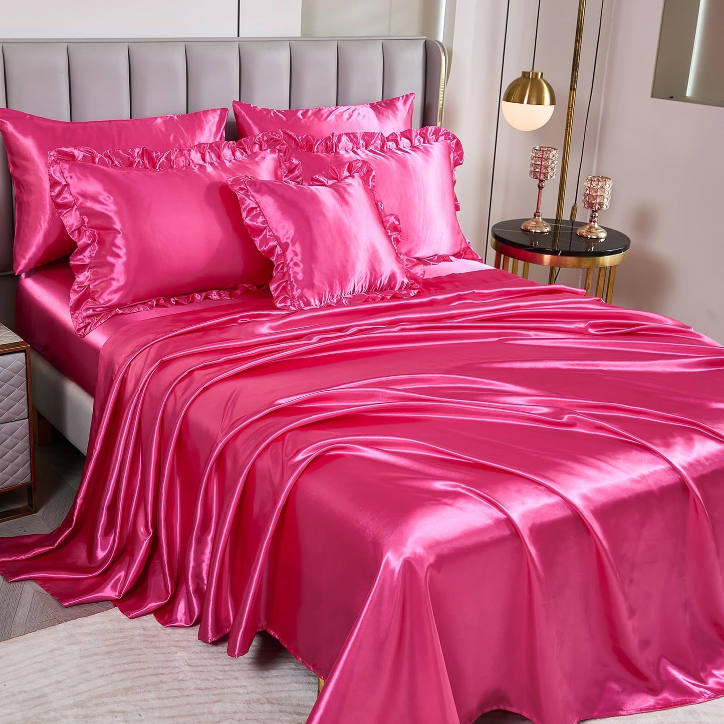 Satin Bed Set King Size,Luxuxy Satin Comforter Set with Sheets,Hot Pink Comforter Set,Silk Like Satin Bedding,8-Piece Ruffle Comforter Bed in a Bag Set, Pink Aesthetic Bedding Set