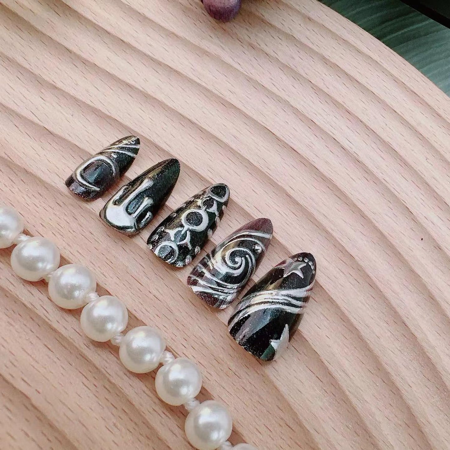 Black Gothic Press on Nails, Medium Almond Silver Fake Nails with Spider Web Moon Star Swirl Chrome Drip Rhinestone Designs, Punk Goth Y2K False Nails with Glue Tabs - 24Pcs Nail Kit for Women
