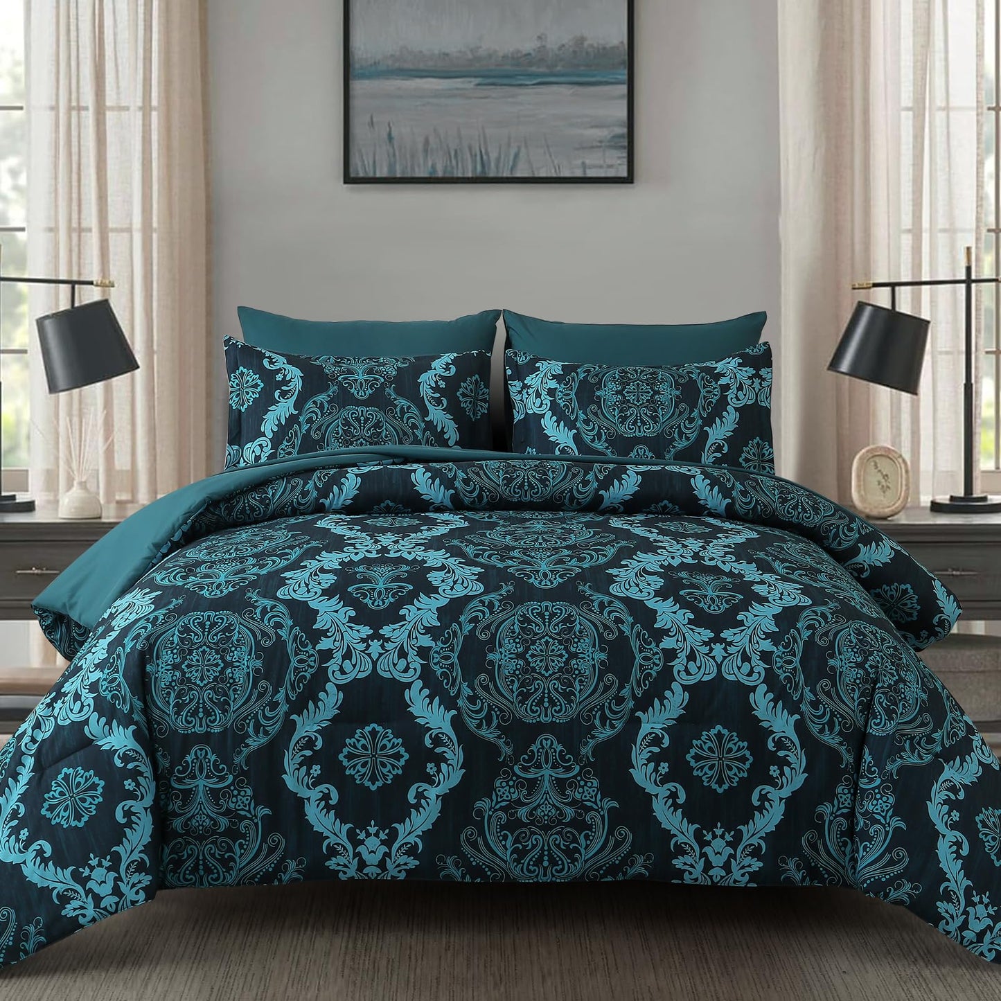 WONGS BEDDING 7 Piece Queen Comforter Set, Teal Texture Breathable Microfiber Comforter Bedding Set for All Season, Damask Bed in a Bag with Comforter, Flat Sheet, Fitted Sheet, Pillowcases & Shams