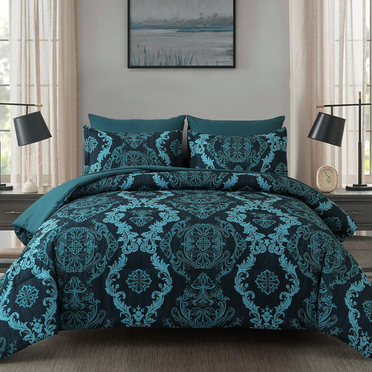 WONGS BEDDING 7 Piece Queen Comforter Set, Teal Texture Breathable Microfiber Comforter Bedding Set for All Season, Damask Bed in a Bag with Comforter, Flat Sheet, Fitted Sheet, Pillowcases & Shams