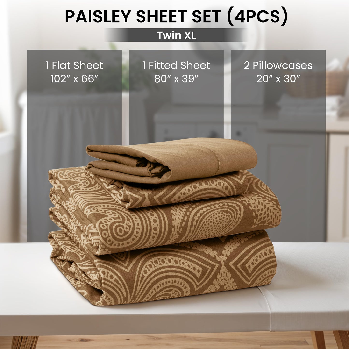 Ultra Soft Wrinkle-Free Microfiber Paisley Sheet Twin XL Set, Cute Floral Pattern Boho Print – 16" Deep Pocket Fitted Sheet, Flat Sheet & 2 Pillowcases, Breathable, OEKO-TEX - Brown