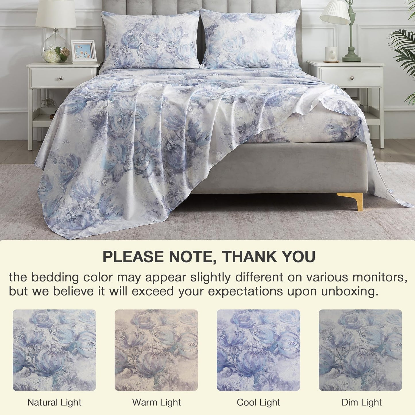 Puralens Blue Floral Cozy House Percale Sheets Queen, 100% Cotton White Flower Deep Pocket Vintage Sheet Set, Abstract Aesthetic Soft Crisp Toile Bed Sheets, Shabby Chic Farmhouse Bedding, 4Pcs