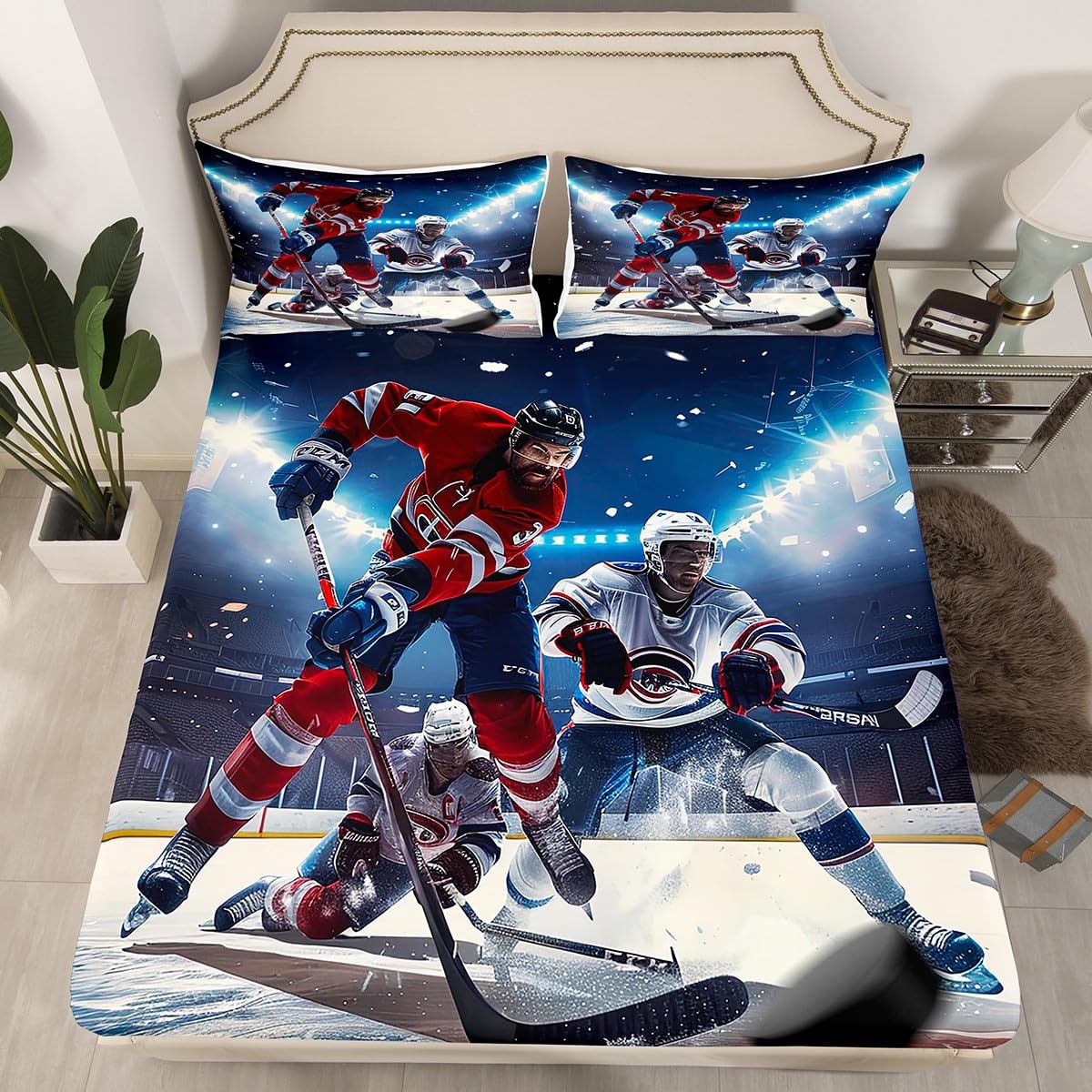 Erosebridal Ice Hockey Sheet Set Full Size Hockey Player Bedding Set for Boys Teens Girls Sports Game Event Fitted Sheet Youth Kids Soft Microfiber Winter Sports Bedroom Decorative