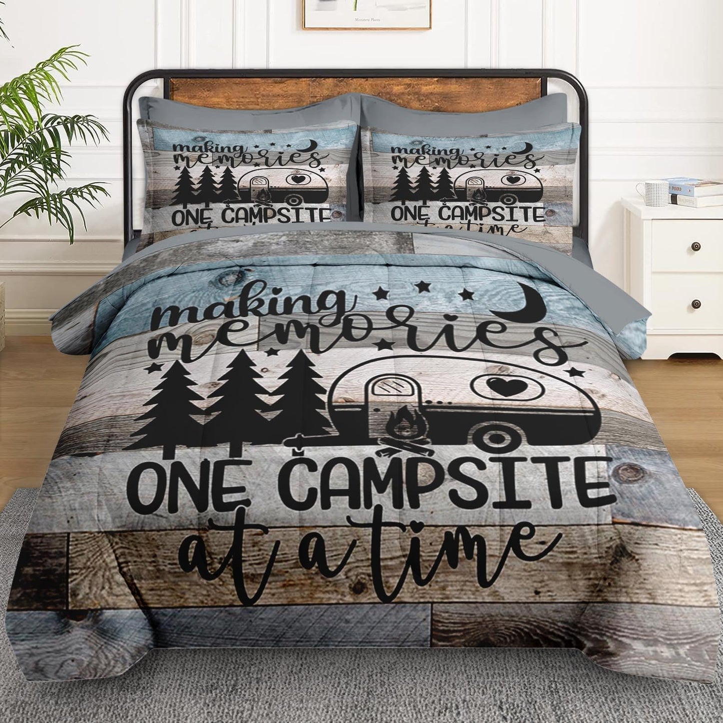 WeCozy 7 Pcs Full Size Comforter Set with 2 Pillowcases & 2 Shams, Inspirational Motivational Bedding Set for Kids and Adults, Retro Wood Camp Camper Bed in a Bag with Flat Sheet and Fitted Sheet