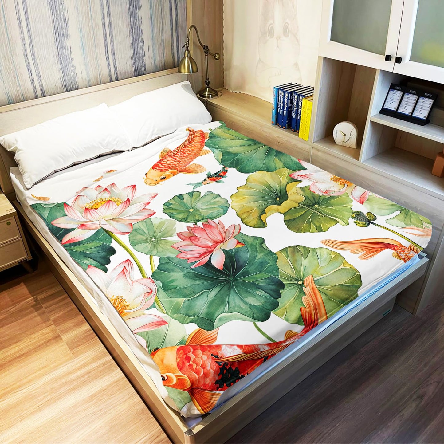 Lotus & Koi Fish Blanket, Traditional Art Home Decor, Super Soft Fleece Throw Blankets for Couch Sofa Bed, 60" x 80"