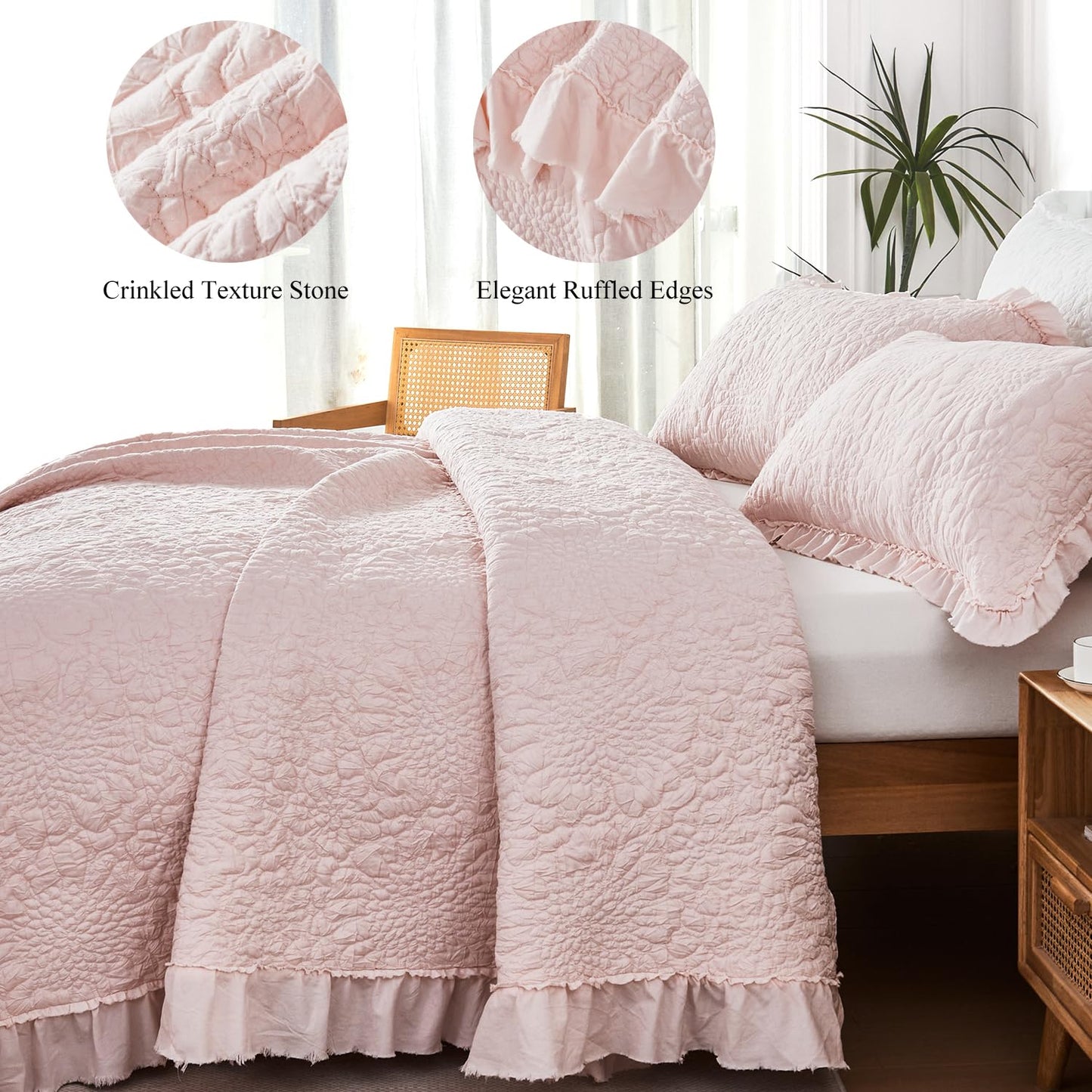 WINLIFE Pink Ruffled Quilt Set 3pcs, Queen Size 90''x98'' Stone Washed Crinkled Quilt Set with Pillow Shams, Lightweight Microfiber All Season Bedspread Coverlet for Farmhouse Shabby Chic Bedroom