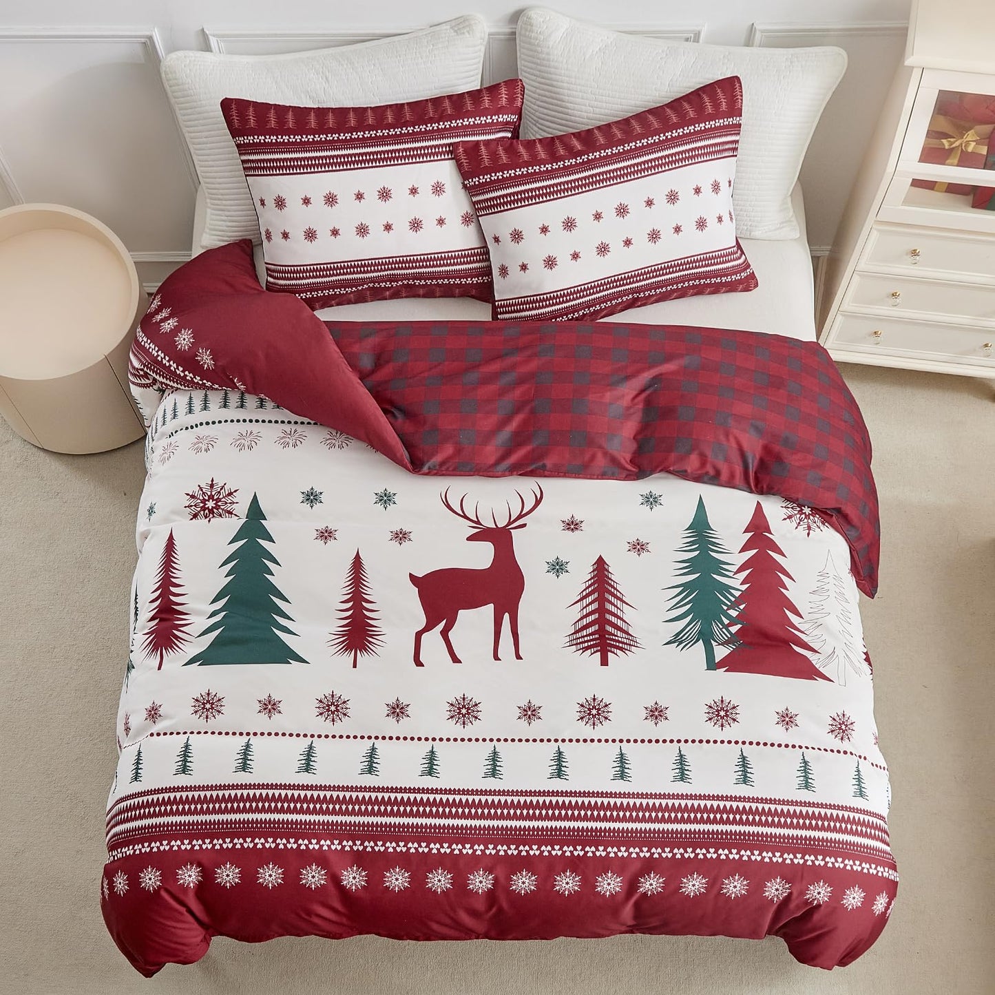 Lekesky Duvet Cover King Size,3 Pieces Reversible Red Plaid Reindeer Snowflake Winter Bedding Set with Zipper Closure and Corner Ties(1 Duvet Cover 104''×90'' inches + 2 Pillowcases)