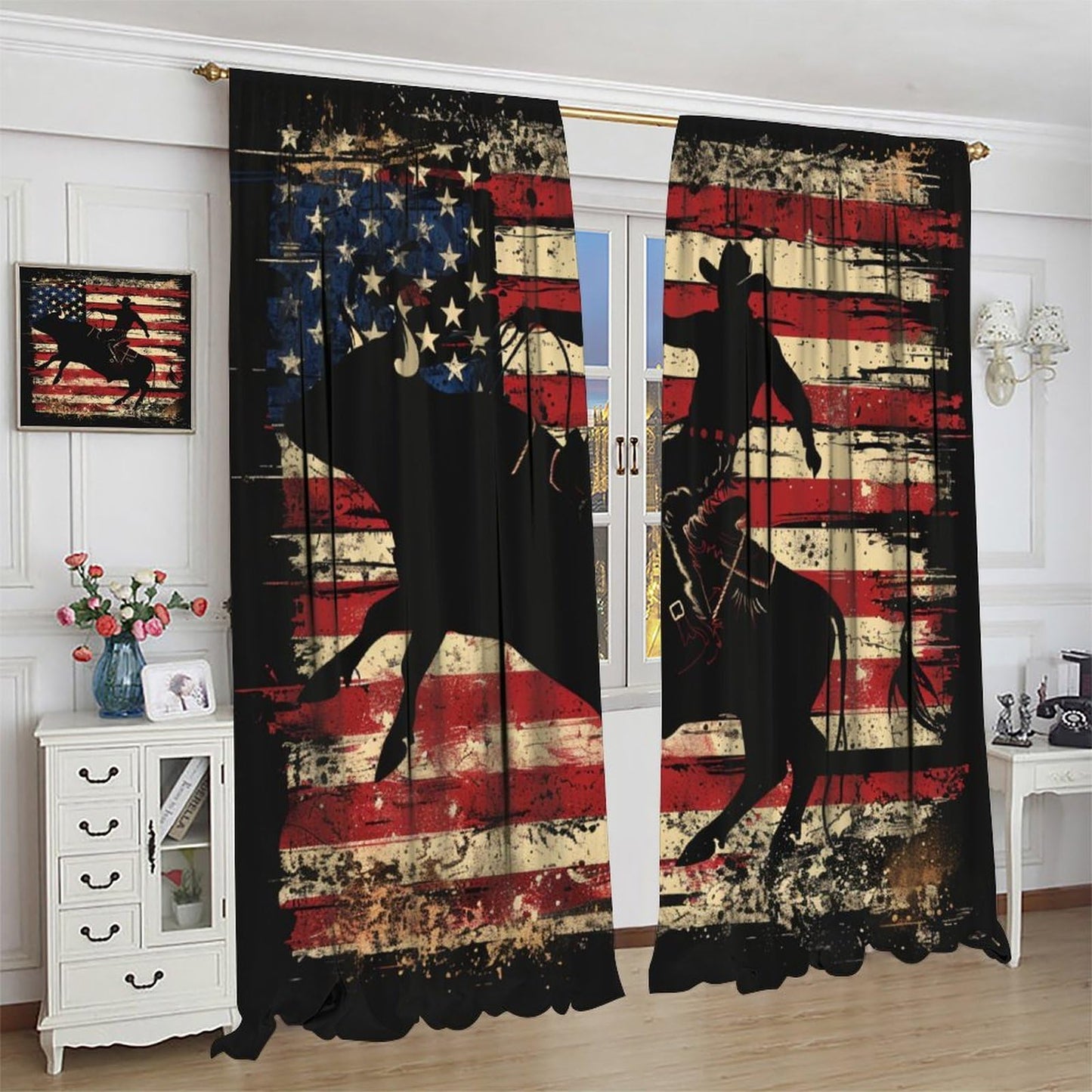 TOWINSFB Retro American Flag Blackout Curtains for Living Room Bedroom, Traditional USA Patriotic Western Cowboy Window Curtains Rod Pocket Thermal Insulated Window Drapes, 2 Panels, Each 21W x 45L