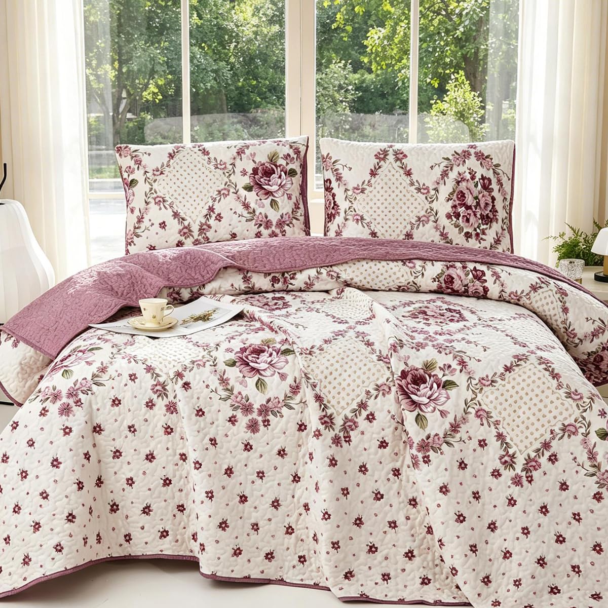 Boho Purple Rose Floral Quilt Set King Size, 3 Piece Lightweight Summer Bedding Set with 2 Pillow Shams, Soft Reversible Microfiber Bedspread, Farmhouse Coverlet for All Season (Purple Rose, King)