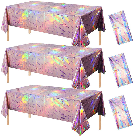Hallswl 3 Pcs Iridescent Pink and Purple Lightning Tablecloths, Disposable Kpop Table Cloth, Plastic Rectangle Table Covers for Birthday, Bachelorette, Iridescent Party Decorations, 54 x 108 Inch