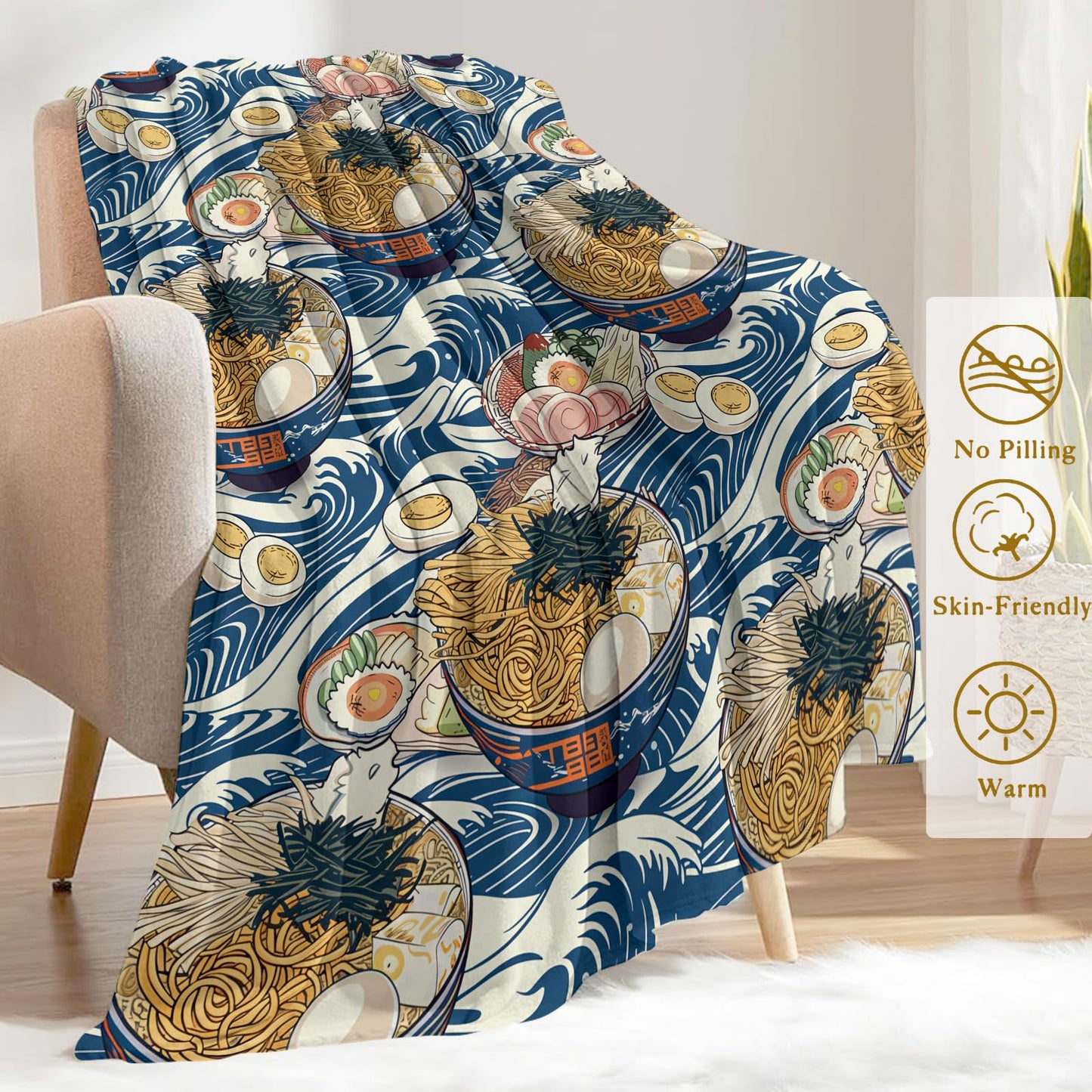 ainori Ramen Throw Blanket 50x60 in, Delicious Noodle Blue Waves Pattern Blankets for Couch Bedroom Living Room Indoor Decor, Lightweight Soft Cozy Bedding Birthday Gift for Kids Boys Adults