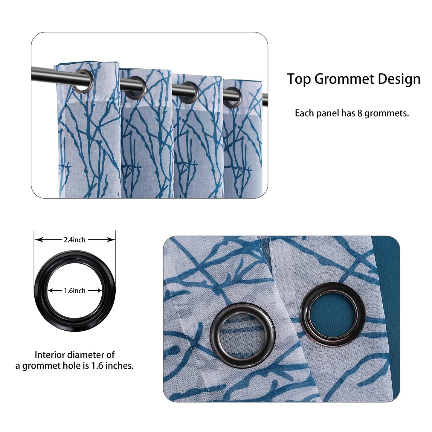 BONZER Mix and Match Curtains - 2 Pieces Branch Print Sheer Curtains and 2 Pieces Blackout Curtains for Bedroom Living Room Grommet Window Drapes, 54x95 Inch/Panel, Teal, Set of 4 Panels