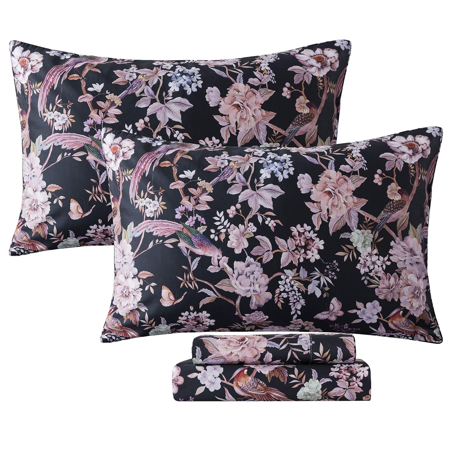 FADFAY Queen Sheet Set,4-Piece Long-Staple Cotton, Vintage Black Floral & Bird Print Bedding, Deep Pocket Fitted Sheet, Soft & Breathable for All Seasons