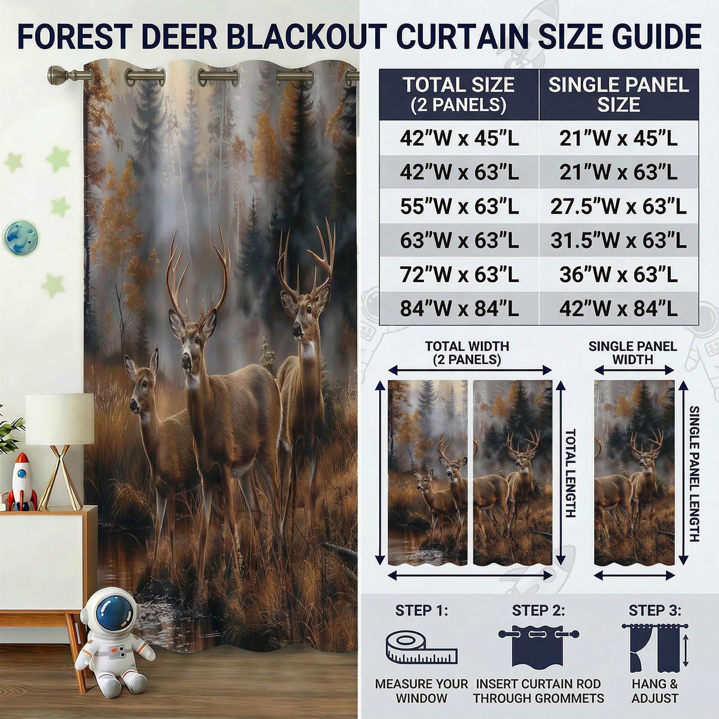 terxgrl Deer Blackout Curtains for Bedroom Living Room, Rustic Cabin Wildlife Whitetail Hunting Grommet Thermal Insulated Window Drapes, 42 x 45 Inch
