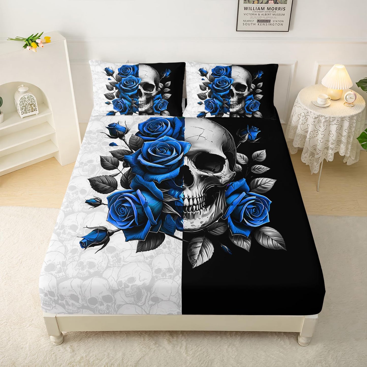 QOOMO Sugar Skull Kids Bed Sheets Twin Size,Blue Roses Print Bedding Sheet Set,4Pcs Skeleton Deep Pocket Bed Sets with 1 Fitted Sheet 1 Flat Sheet 2 Pillowcases for Boys Girls Teens
