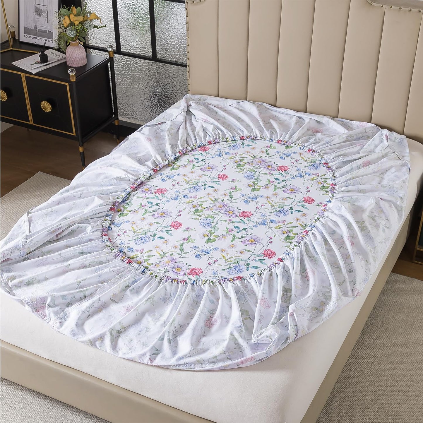 FADFAY Garden Floral Queen Sheet Set, 100% Cotton Botanical Print Bedding, Soft Breathable 4-Piece Bed Sheets with Deep Pocket, All Season