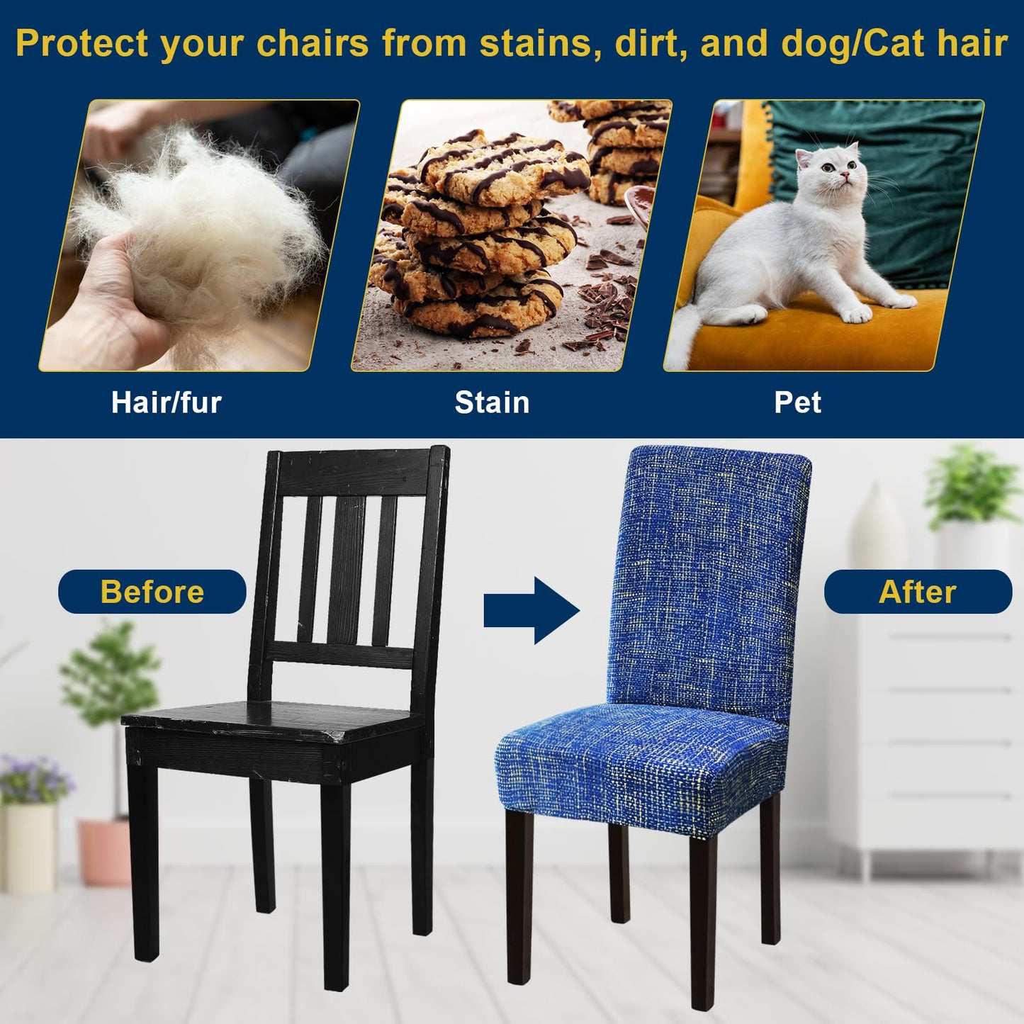 Fafua Chair Covers, Dining Room Chair Covers, Stretch Kitchen Chair Covers/Dining Room Chair Covers Set of 4, Removable Washable Dining Chair Slipcovers for Home, Hotel, Banquet, Linen Blue Pattern