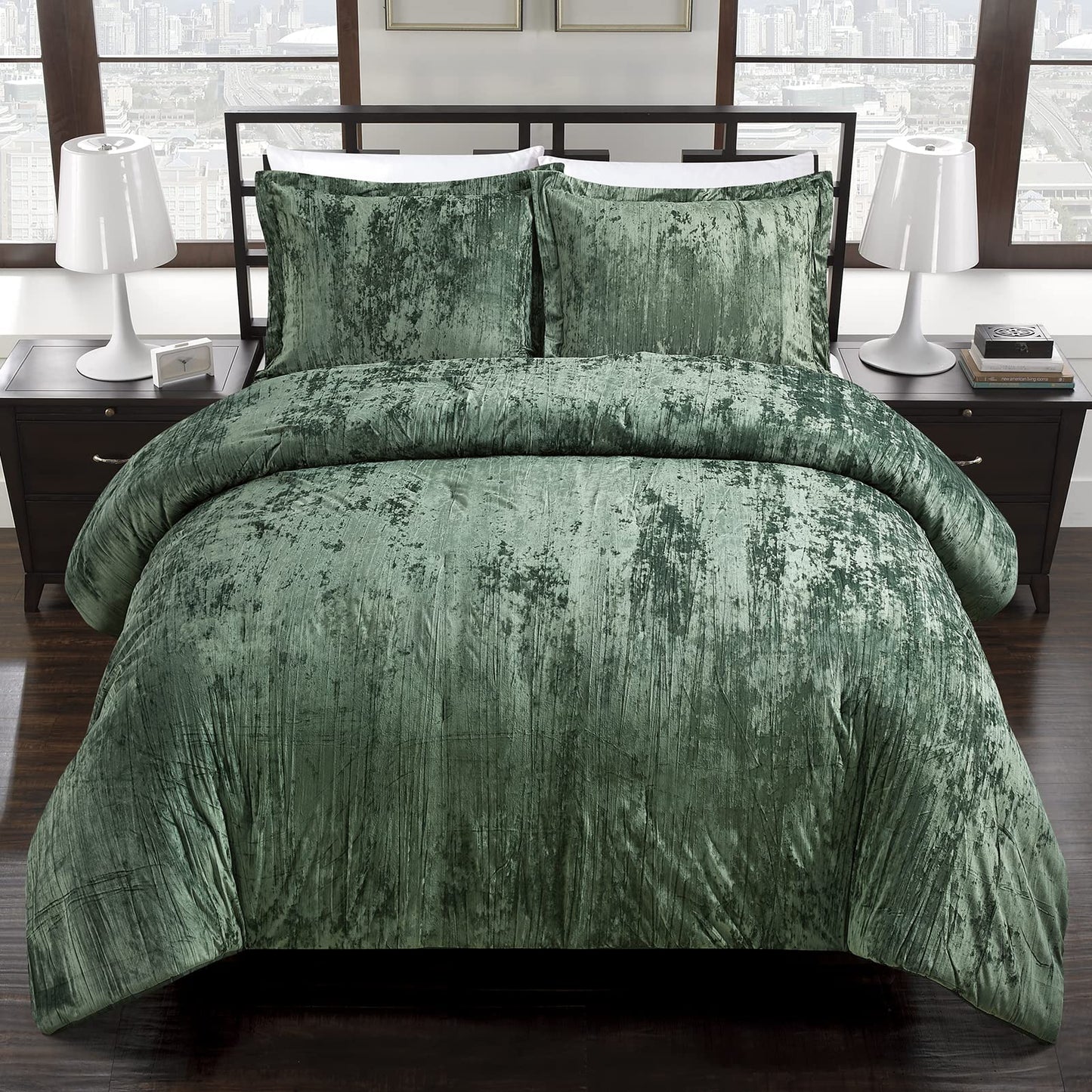 Fredsure Crinkle Velvet Comforter Set (Blackish Green, King)