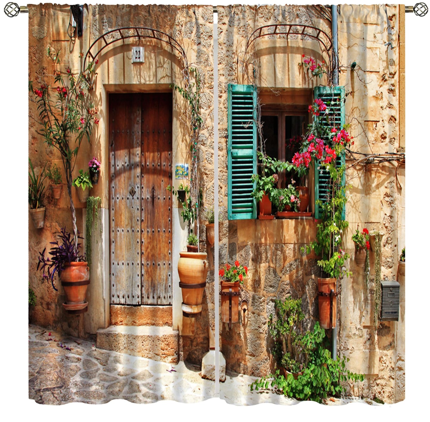 AAVEUP Italian Curtains for Kitchen Old Mediterranean Street Stone Rock House Floral Porches Pastoral Town Scenery Print Windows Treatments for Bedroom Living Room Bathroom 41x44.5in（No Blackout）