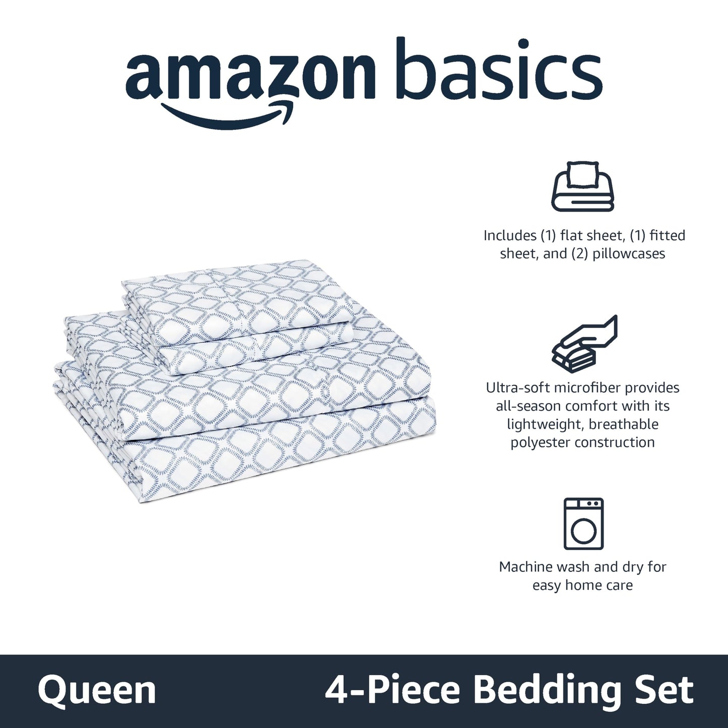 Amazon Basics Ultra-Soft Lightweight Microfiber 4-Piece Bed Sheet Set with Flat Sheet and Fitted Sheet, Polyester, Machine Wash, Queen, Aqua, Printed