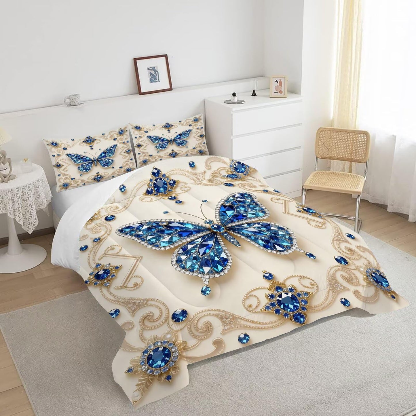 DJNEAR Butterfly Comforter Set Twin Size Blue Gold Bedding Sets for Girls Kids Teen Women Bedroom Diamond Butterflies Printed Quilt Room Decor 1 Comforter 1 Pillowcase