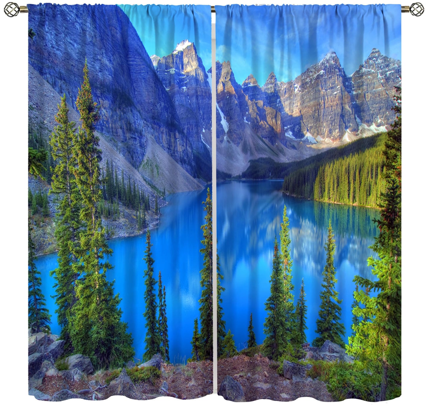 AAVEUP Nature Landscape Curtains for Kitchen,Forest Tree River Mountain Scenery Scene Design Print Window Drapes for Boys Girls Bedroom Living Room 42x45in
