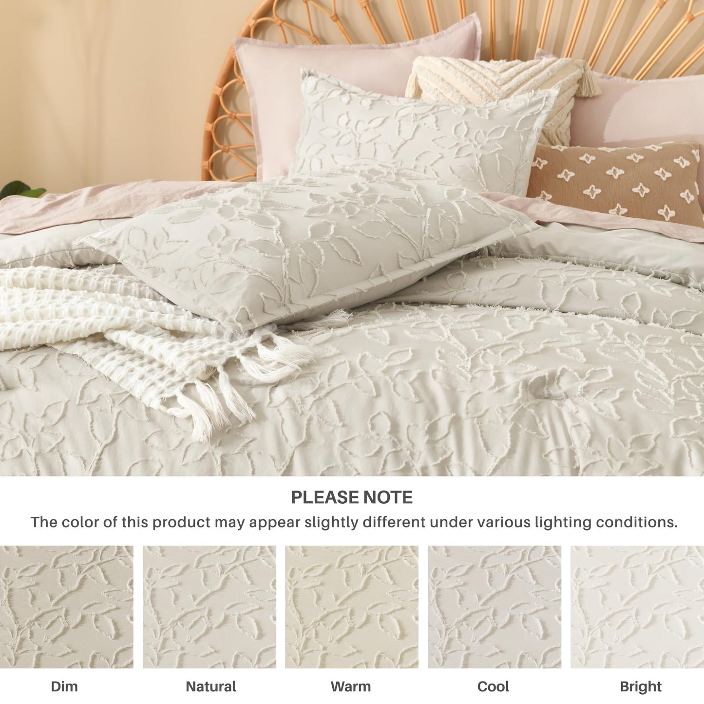 Litanika King Size Comforter Set Beige, 3 Piece Cream Boho Tufted Bedding, Fluffy Farmhouse Bed Set for All Season with 2 Leaf Pattern Pillowcases（104x90In）