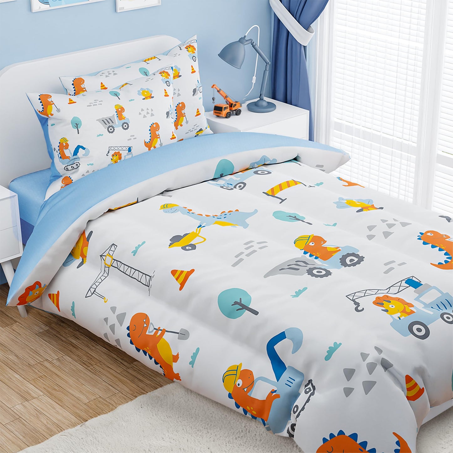 SANDJEST Dinosaur Comforter Set Twin Size 68x86in for Kids Boys, Microfiber 3 Pcs Bedding Set Includes 1 Comforter, 1 Pillowcase, 1 Fitted Sheet, Nursery Room Decor