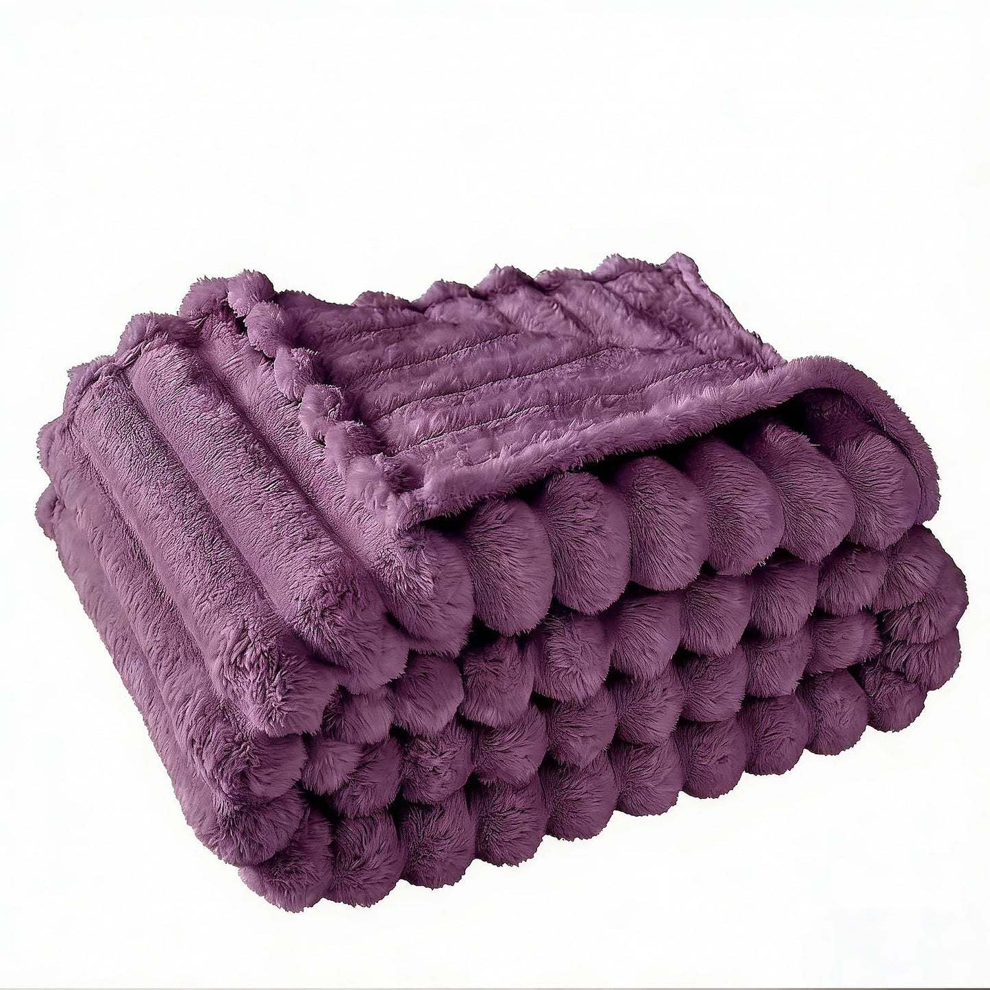 SS-Sunrise Fleece Throw Blanket for Bed 80"x90", Fluffy 3D Ribbed Jacquard Coral Purple Flannel Blanket 330gsm, Soft Plush Blanket for Home Decor