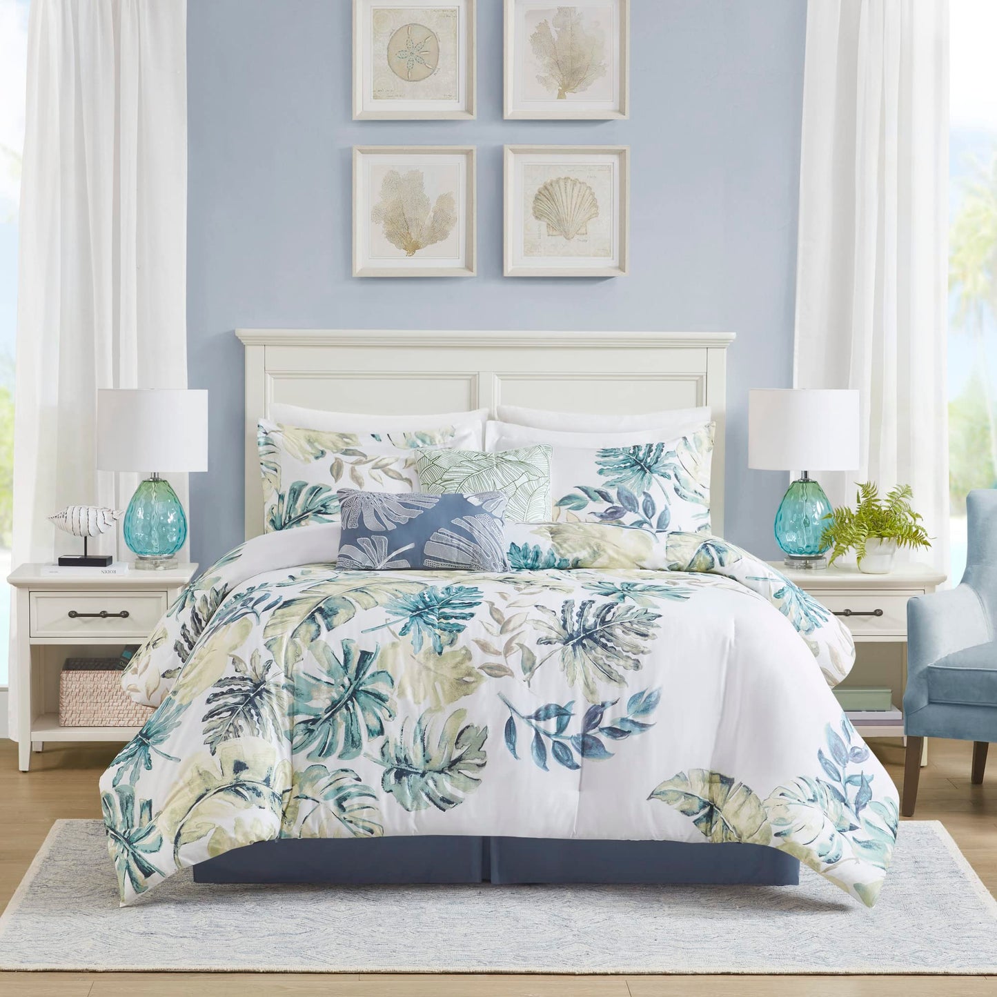 Harbor House Cozy Cotton Comforter Set - Coastal, All Season Down Alternative Casual Bedding with Matching Shams, Decorative Pillows, Lorelai, Monstera Leaf Green King(110"x96") 6 Piece
