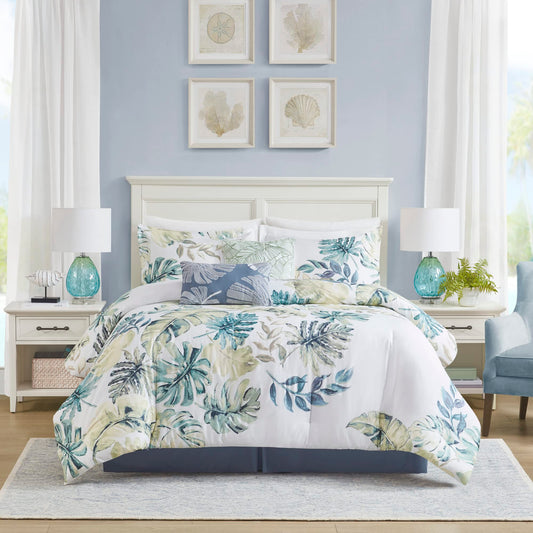 Harbor House Cozy Cotton Comforter Set - Coastal, All Season Down Alternative Casual Bedding with Matching Shams, Decorative Pillows, Lorelai, Monstera Leaf Green King(110"x96") 6 Piece