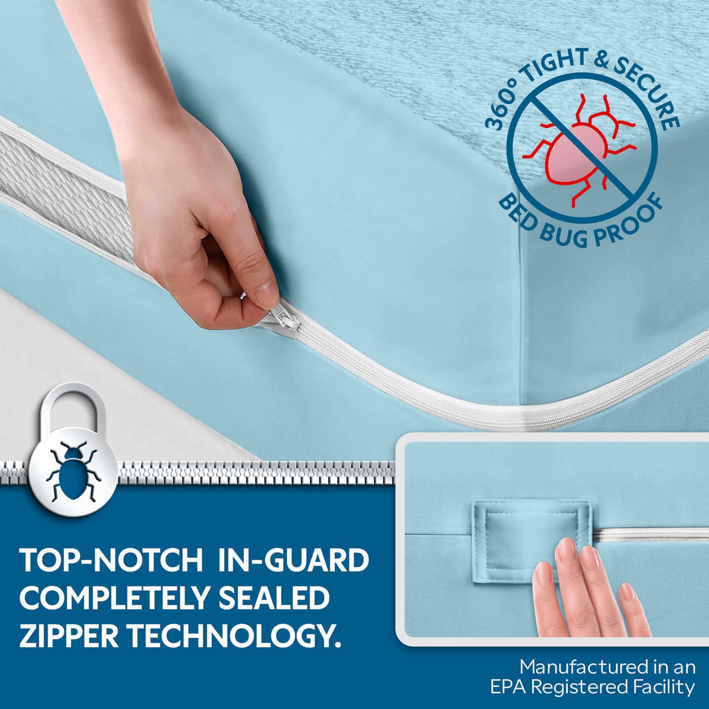 Guardmax Queen Mattress Encasement Zippered, 100% Waterproof Mattress Protector, Soft & Absorbent Cotton Terry Top Mattress Cover for Kids, Adults, & Pets, Bed Bug & Dust Mite Proof Cover (Light Blue)