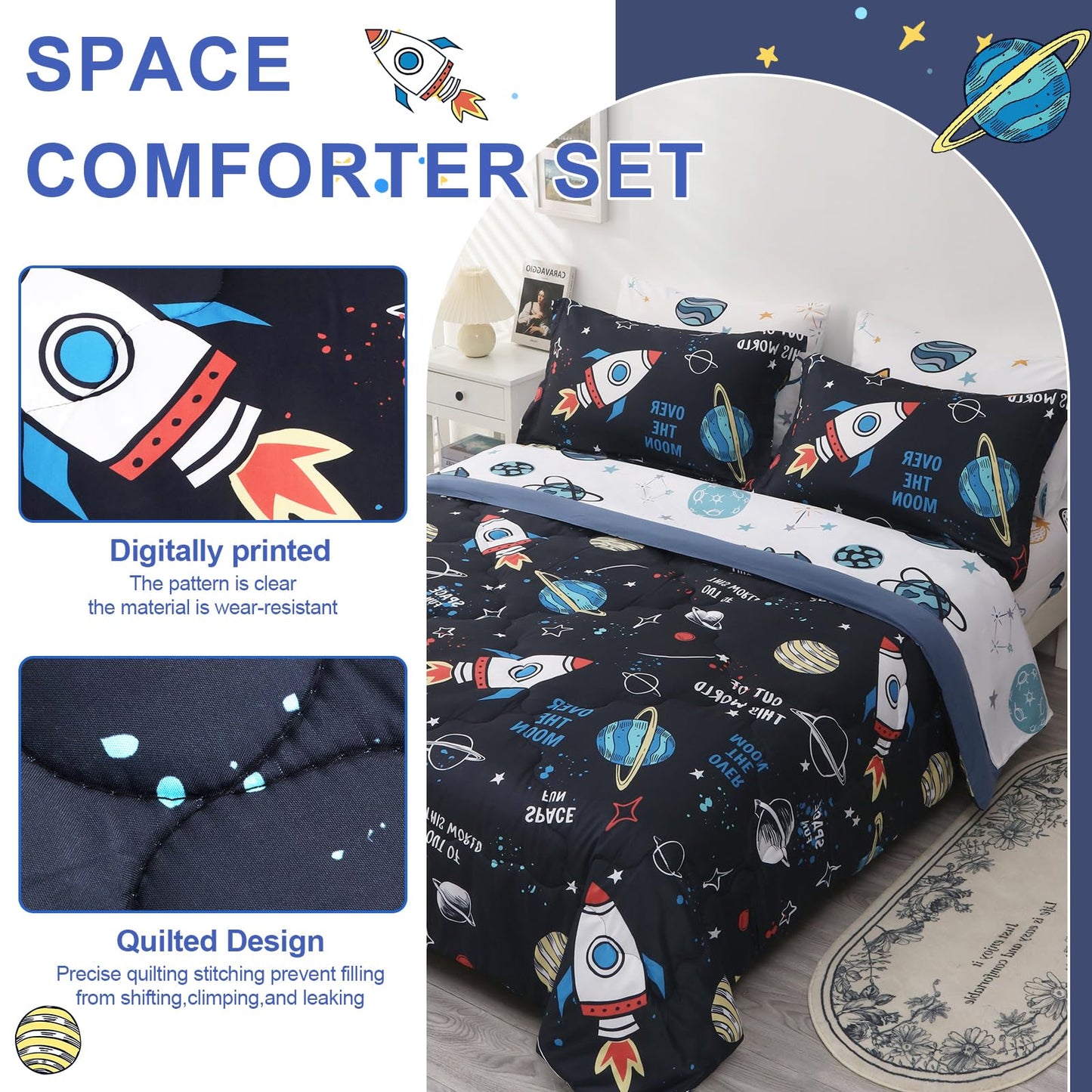 Wajade Kids Space Comforter Set Bed in A Bag Queen Size 7 Piece 3D Space Rocket Planets Bedding Set for Teens Boys Girls (1 Comforter, 1 Flat Sheet, 1 Fitted Sheet, 2 Pillowcase and 2 Pillow Sham)